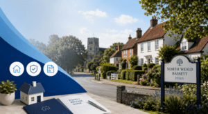 Equity Release Adviser in North Weald Bassett with village homes, property icons and an equity release guide.
