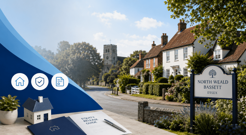 Equity Release Adviser in North Weald Bassett with village homes, property icons and an equity release guide.