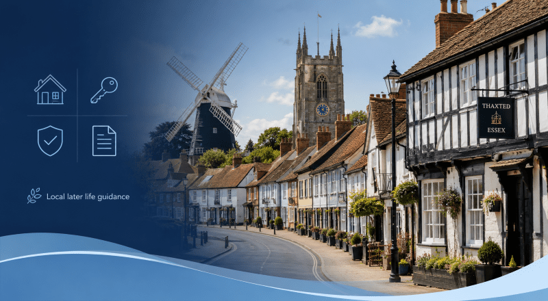 Equity Release Adviser in Thaxted with a view of the historic town, windmill and church, alongside home, key and protection icons.