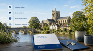 Equity Release Adviser in Waltham Abbey with local landmark, home equity planning brochure and property keys.