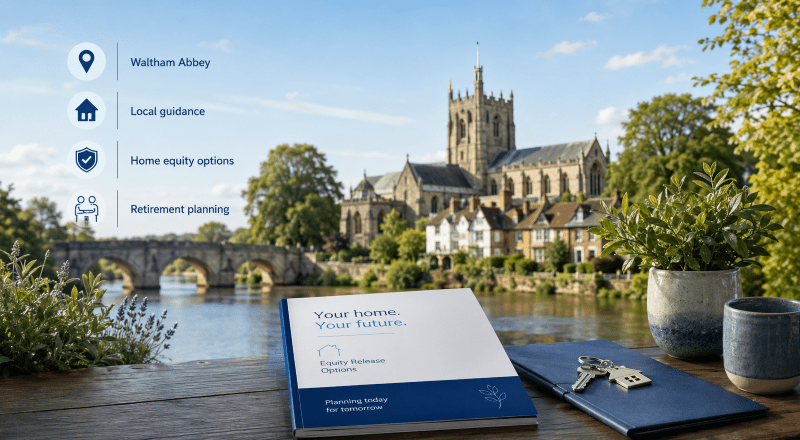 Equity Release Adviser in Waltham Abbey with local landmark, home equity planning brochure and property keys.