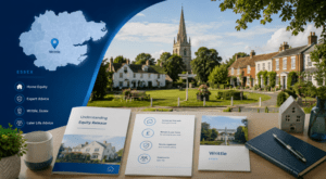 Equity Release Adviser in Writtle with Essex map, village homes and later-life advice icons.