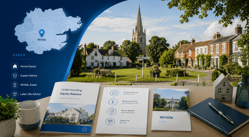 Equity Release Adviser in Writtle with Essex map, village homes and later-life advice icons.