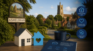 Equity Release Adviser in Asheldham: A warm, location-led Asheldham hero image using Connect’s dark and light blue palette, with property and later-life finance symbols.