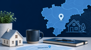 A clean, people-free Braintree location hero using dark and light blue branding, with property and map details tied to equity release advice.