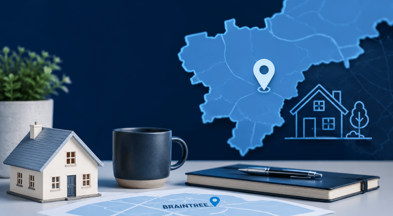 A clean, people-free Braintree location hero using dark and light blue branding, with property and map details tied to equity release advice.