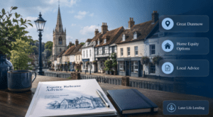 Equity Release Adviser in Great Dunmow with local homes, advice documents and later life lending icons.