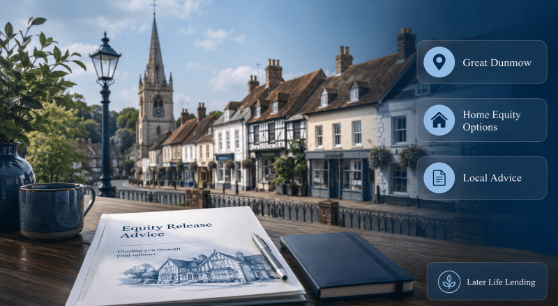 Equity Release Adviser in Great Dunmow with local homes, advice documents and later life lending icons.