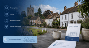 Equity Release Adviser in Widdington with village homes, location icons and later-life financial planning materials.