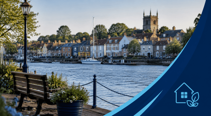 Equity Release Adviser in Wivenhoe, represented by a peaceful waterfront scene with riverside homes and branded blue graphics.