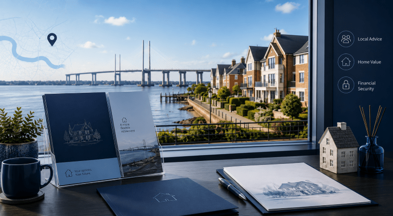Equity Release Adviser in Thurrock with a Thames-side bridge, waterfront homes and retirement planning materials.