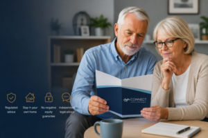 Is Equity Release Safe? Senior couple reviewing a Connect Lifetime Mortgages brochure with icons for regulated advice, staying in the home, no negative equity guarantee and independent legal advice.