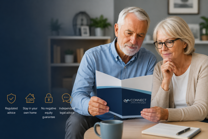 Is Equity Release Safe? Senior couple reviewing a Connect Lifetime Mortgages brochure with icons for regulated advice, staying in the home, no negative equity guarantee and independent legal advice.
