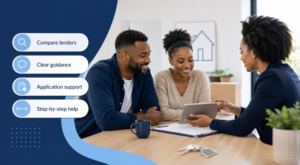 Black couple speaking with a mortgage adviser about how mortgage brokers simplify buying a home using clear guidance and application support.