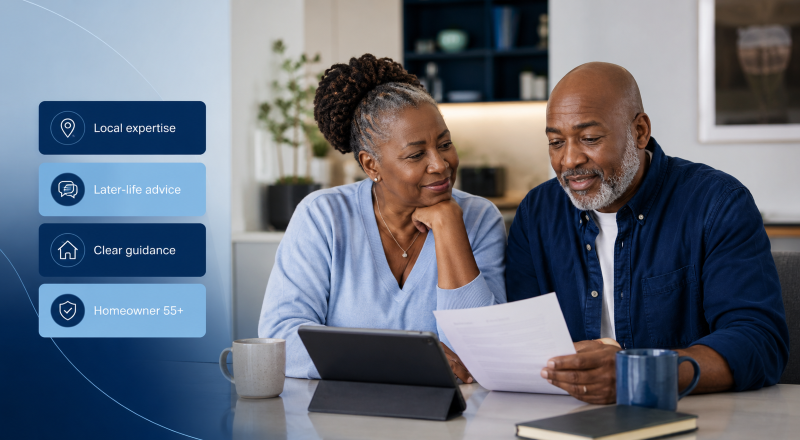 Equity Release Brokers Near Me – older couple reviewing later-life mortgage advice with local expertise and homeowner guidance icons