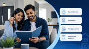 First-Time Buyer Mortgage Guide UK with couple planning deposit, affordability and mortgage options