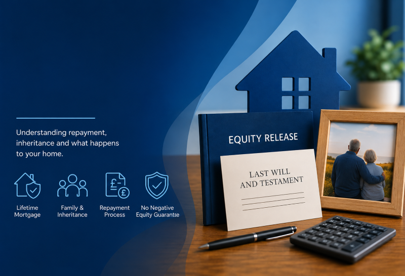 How Does Equity Release Work When You Die? Equity release estate planning image showing repayment, inheritance, a lifetime mortgage, a will and no negative equity guarantee.