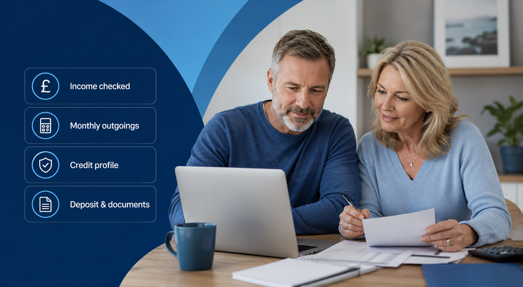 Mortgage Affordability Checks Before You Apply showing a couple reviewing income, monthly outgoings, credit profile and mortgage documents.