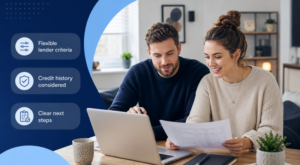 Mortgage After a CCJ showing a young couple reviewing mortgage documents and lender options at home.