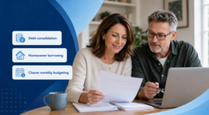 Middle-aged couple reviewing paperwork for a second charge mortgage for debt consolidation, with homeowner borrowing and monthly budgeting icons.