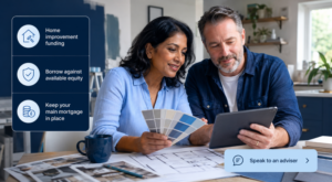 Second charge mortgage for home improvements with a middle-aged mixed couple reviewing renovation plans and paint samples.