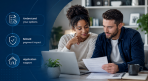 Missed Payments and Mortgage Applications showing a diverse couple reviewing mortgage documents and application options at home.