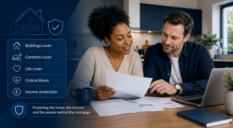 What Insurance Do I Need With a Mortgage? diverse couple reviewing mortgage paperwork with buildings cover, contents cover, life cover, critical illness and income protection icons in blue branded style.