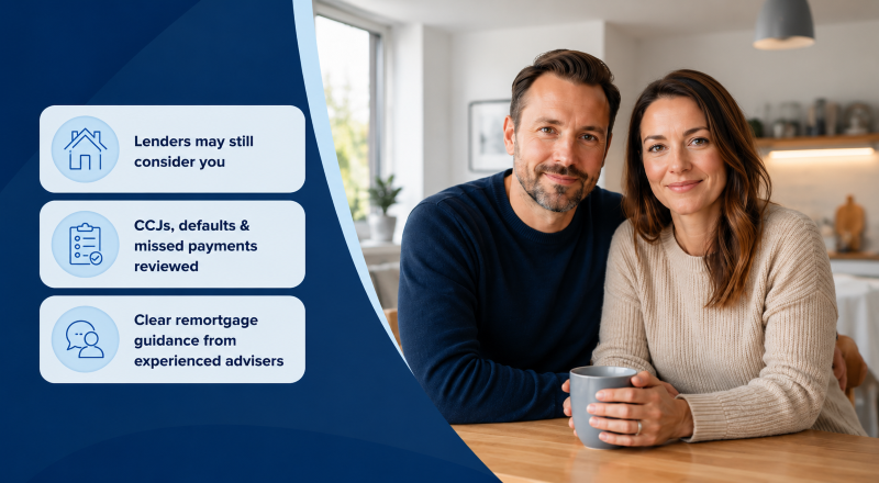 Remortgaging with adverse credit guidance for a couple reviewing lender options, CCJs, defaults and missed payments.