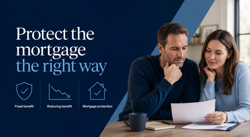 Level or Decreasing Life Cover: White couple reviewing life cover documents at home, with icons for fixed benefit, reducing benefit and mortgage protection.