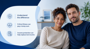 Critical illness cover vs income protection, showing a mixed couple with protection icons explaining lump sum cover and income replacement.