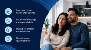 How Much Critical Illness Cover Do I Need? Hero image showing a couple at home beside key points on choosing critical illness cover, including income, mortgage, dependants and existing cover.