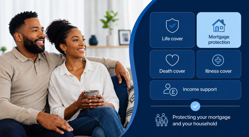 How Much Mortgage Protection Do I Need? Diverse couple reviewing mortgage protection options, with icons for life cover, illness cover, income support and household protection.