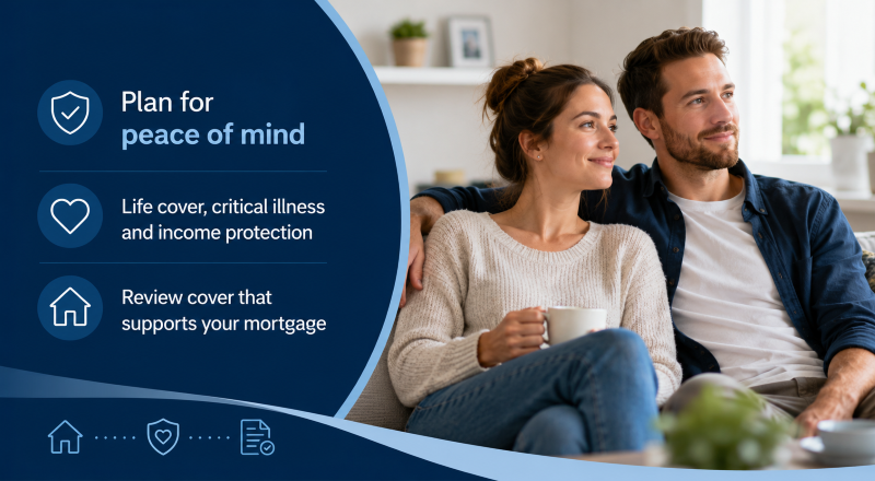 Mortgage Protection in Later Life with a young couple reviewing life cover, critical illness and income protection for mortgage peace of mind