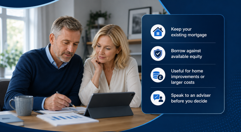Second Charge Mortgage Without Remortgaging for a middle-aged couple reviewing their borrowing options at home.