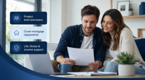 Mortgage Protection for Joint Borrowers with a young couple reviewing paperwork, protection icons and mortgage repayment support guidance