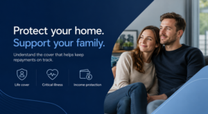 Mortgage Protection vs Life Insurance explained with a young couple, protection icons and branded blue design.