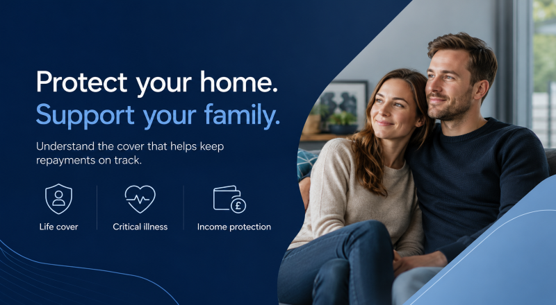 Mortgage Protection vs Life Insurance explained with a young couple, protection icons and branded blue design.