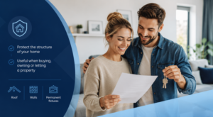 Young couple reviewing home documents and holding keys, with buildings insurance icons for roof, walls and permanent fixtures, for When Do You Need Buildings Insurance?