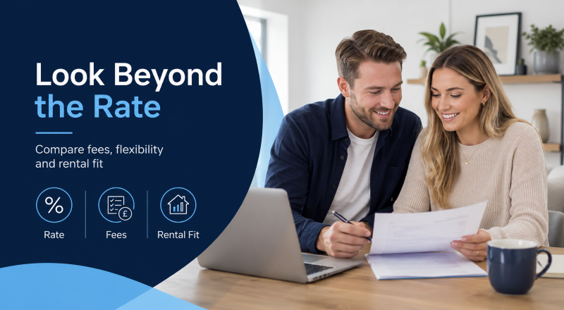 Compare Buy-to-Let Mortgages Beyond the Rate – young couple reviewing mortgage options, fees and rental fit on a branded blue Connect Lifetime website hero image.