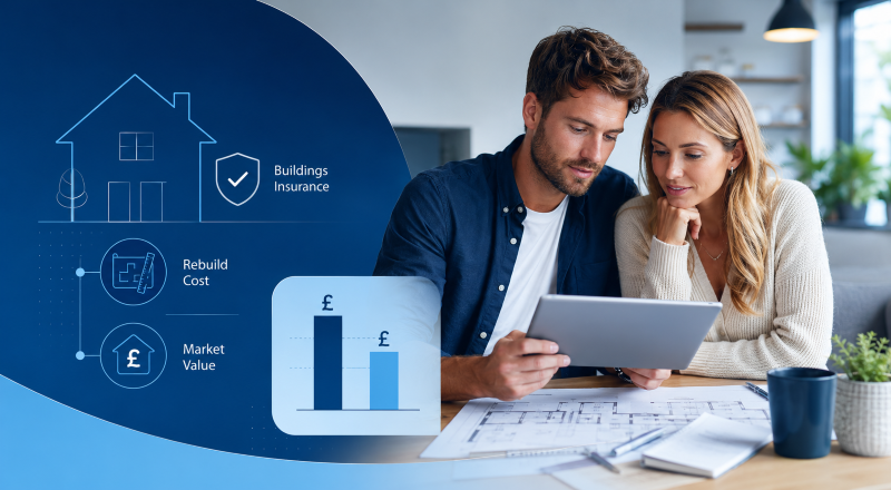 Young couple reviewing home documents with rebuild cost, market value and buildings insurance icons
