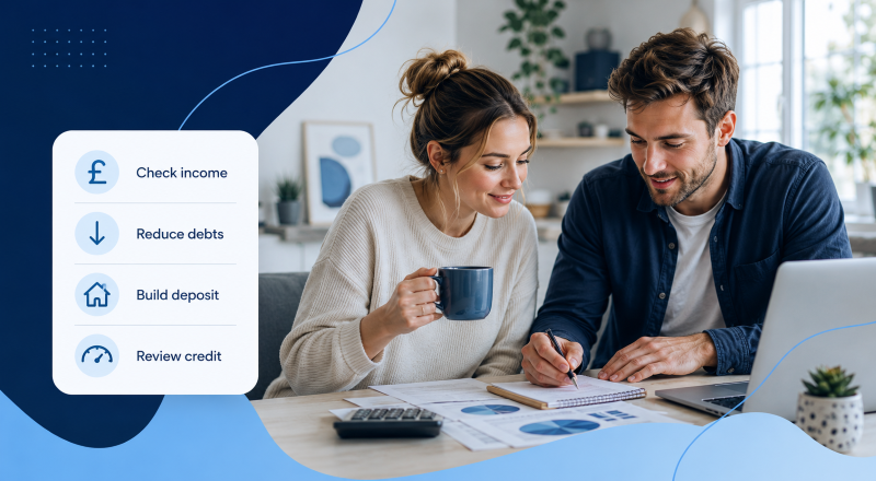 Young couple reviewing their finances with mortgage affordability checklist icons for income, debts, deposit and credit review.