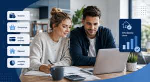 Young couple reviewing mortgage affordability checks on a laptop, with icons for income, outgoings, deposit, credit checks and monthly budget.