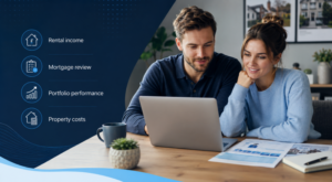 Young couple reviewing landlord portfolio documents on a laptop with icons for rental income, mortgage review, portfolio performance and property costs.