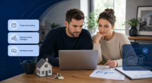 Young couple reviewing buy-to-let mortgage documents with icons for fixed rate ending, rental income changes and portfolio review