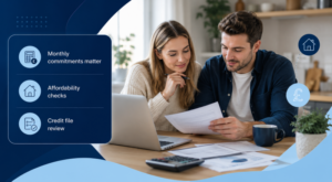 Do Debts Affect How Much Mortgage You Can Borrow? Young couple reviewing mortgage affordability, monthly commitments and credit file checks.