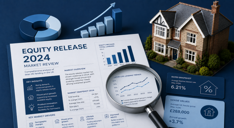Equity Release in 2024 market research report with UK home, lending charts and later-life mortgage trend data.