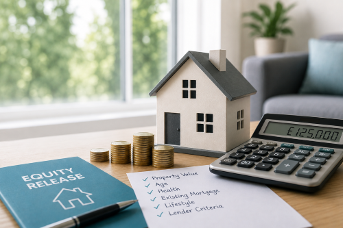 How Much Equity Can I Release? Equity release guide showing a house model, calculator, coins and checklist of factors affecting the amount available.