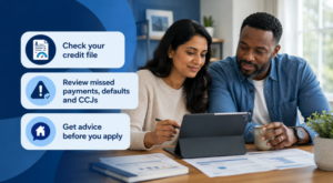 Mortgage With Credit File Problems showing a diverse couple reviewing their credit file, missed payments, defaults and CCJs before applying for a mortgage.