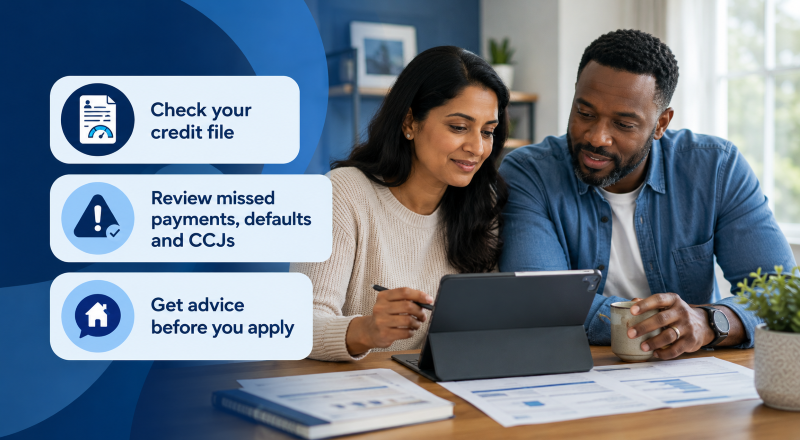 Mortgage With Credit File Problems showing a diverse couple reviewing their credit file, missed payments, defaults and CCJs before applying for a mortgage.