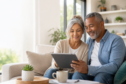 Mixed older couple reviewing equity release information at home for What is a Lifetime Mortgage?
